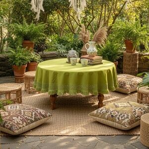 Vintage Handmade Round Boho Tablecloth 70" Olive Green Cotton Crochet Fringe